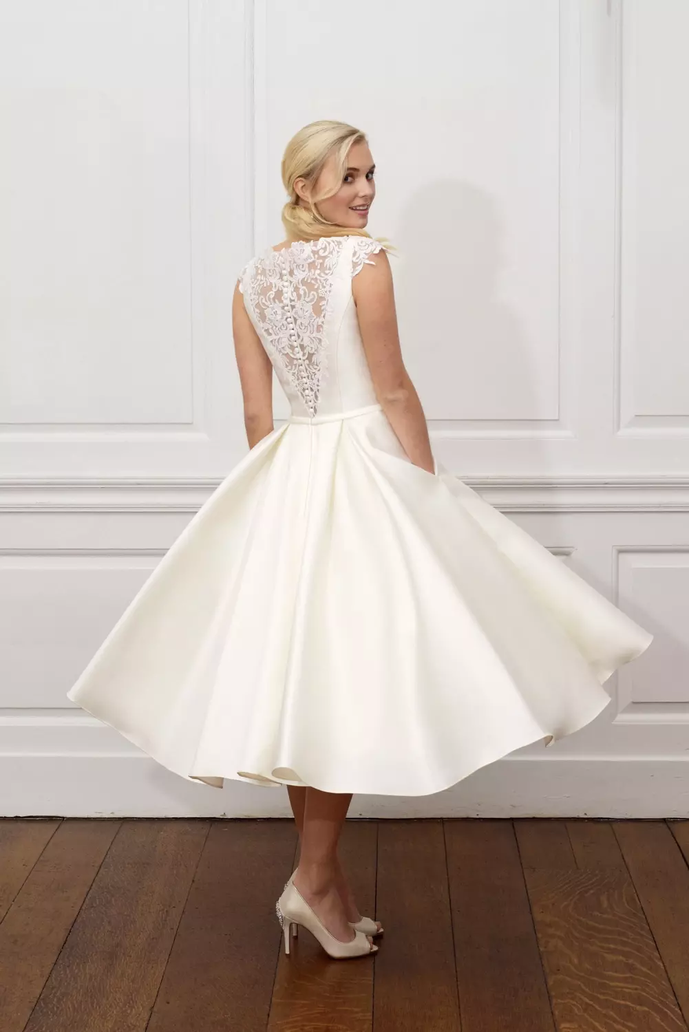Tea length bridal gown with lace back